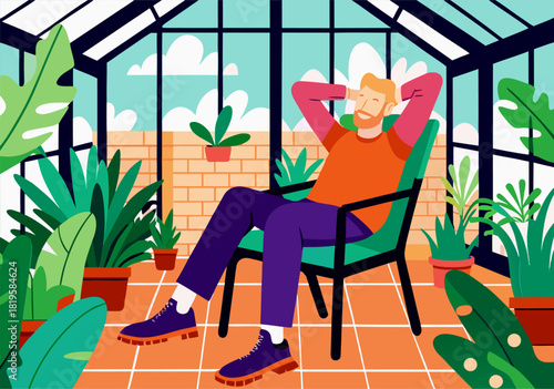 Serene Man Relaxing in Sunlit Greenhouse Surrounded by Lush Greenery