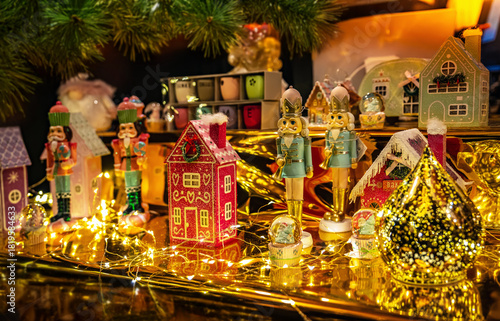 Cozy Christmas Fair. The Christmas market showcase, decorated with warm lights and festive decorations, conveys the festive spirit of the season. Christmas and New Year's toys. The spirit of Winter