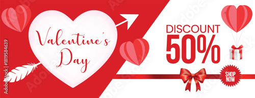 Creative Happy Valentine’s Day discount offer website banner with red 3D heart graphics, romantic layout for Valentine gift voucher, social media header, greeting card  and  invitation card template 