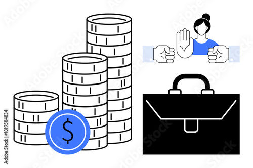 Stacked coins with a dollar sign, closed briefcase, and hands gesturing stop by a professional figure. Ideal for finance, business, ethics, work-life balance, professionalism savings boundaries. A
