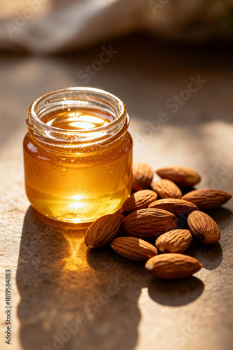 Natural almond oil in a glass jar with fresh almonds displayed on a rustic table during golden hour