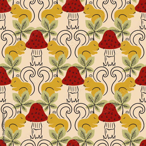 Autumn Squirrel and Mushrooms Vector Seamless Pattern