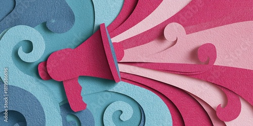 Creative paper art design featuring a megaphone with colorful waves and patterns for visual interest