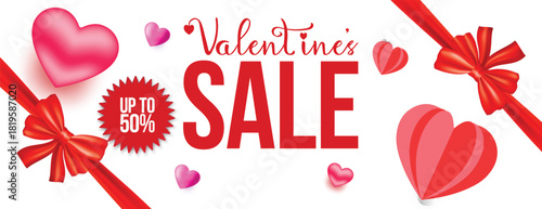 Elegant Valentine’s Day sale promotion horizontal banner with 3D hearts and ribbon, modern web header, romantic social media cover, greeting card and party invitation vector template for marketing
