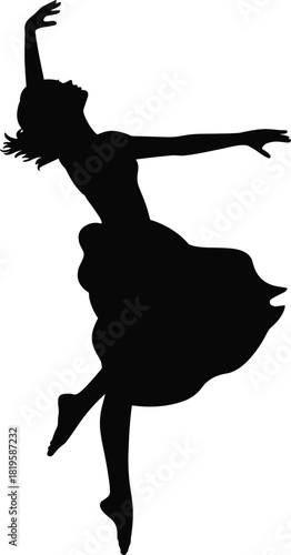dancer silhouette leap, expressive motion, graceful jump, flowing dress, artistic movement, dance pose, elegance, flat vector illustration