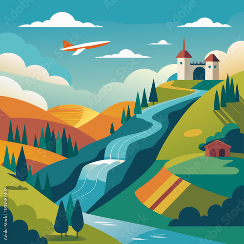 Serene vector landscape featuring a distant castle, airplane in flight, and a cascading waterfall flowing through rolling hills, perfect for travel and adventure themes