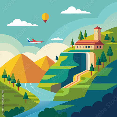 Dreamy travel destination with an airplane flying over rolling hills, a charming building atop a cliffside waterfall, and a colorful hot air balloon floating amidst fluffy clouds