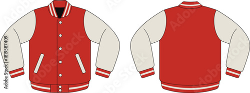 varsity jacket front back, red cream design, striped cuffs, fashion apparel, casual wear, clothing mockup, flat vector illustration
