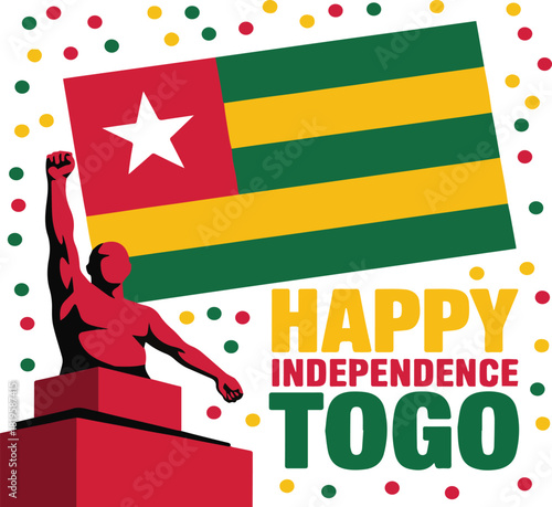 Togo flag and raised fist with confetti happy independence day celebration vector