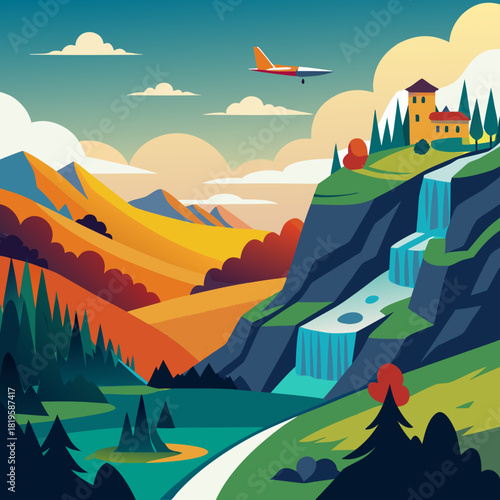 Scenic mountain landscape art with flying plane and waterfall, perfect for travel ads, tourism campaigns, and vibrant nature themed designs evokes wanderlust and adventure