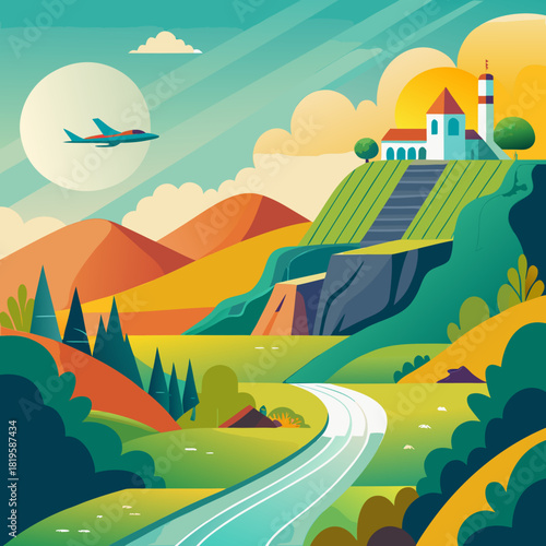 Stylized landscape art with airplane flying over mountains, rolling hills and villa on a hilltop, travel and tourism concept, vibrant colors evoking wanderlust and adventure