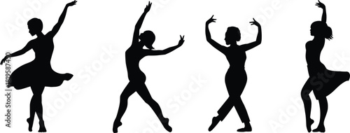 ballet dancer silhouettes, graceful poses, contemporary movement, dance art, expressive motion, black figures, elegance, flat vector illustration