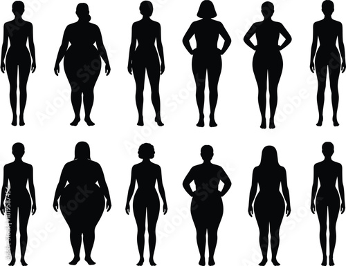 body type silhouettes, human diversity, standing figures, shape variation, health reference, fashion design, anatomy study, flat vector illustration