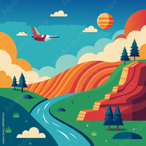 Dreamy escape with plane soaring above vibrant landscape, perfect for travel blog, vacation deals, or wanderlust inspiration, originally created as scalable vector art