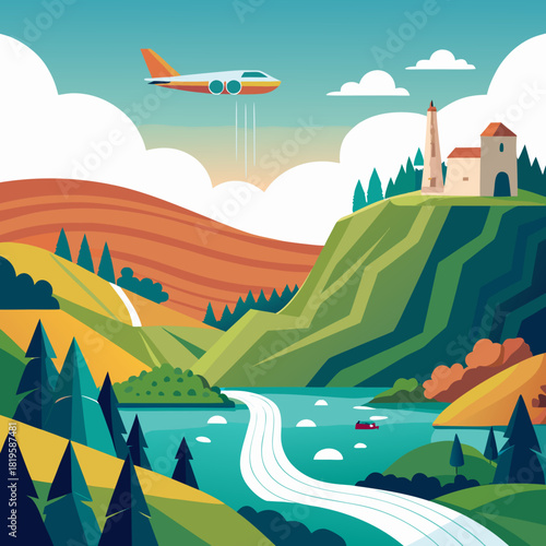 Whimsical aerial adventure unfolds as a retro airplane soars above a verdant landscape, complete with rolling hills, tranquil lake, and quaint hilltop architecture, inviting exploration