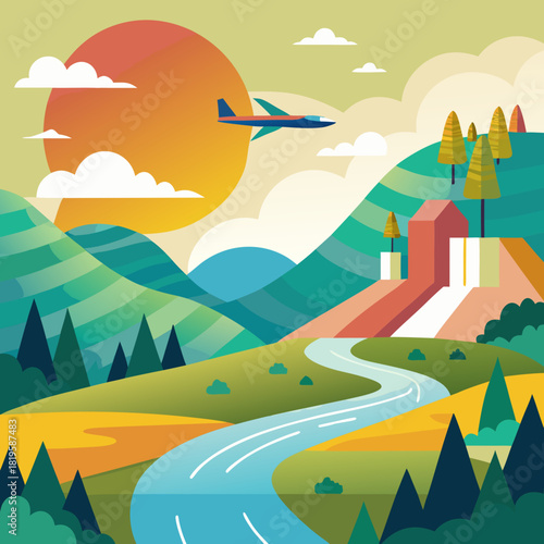 Stunning landscape illustration with airplane soaring past the warm sunset, winding river, rolling hills, and serene atmosphere creates a sense of wanderlust and adventurous travel