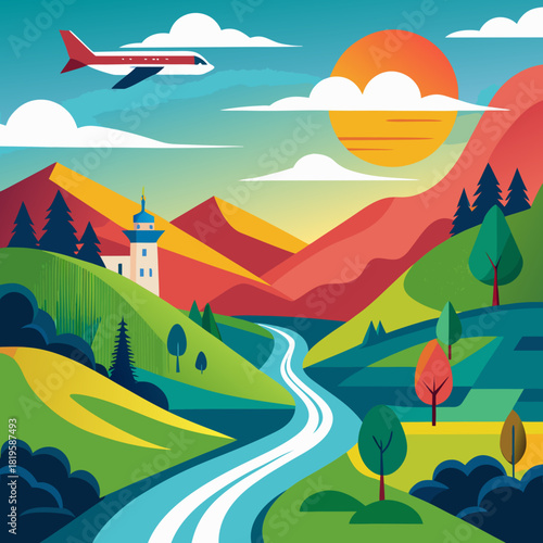 Vibrant landscape illustration featuring a soaring airplane, majestic mountains, and a winding river under a warm sun, perfect for travel and adventure concepts