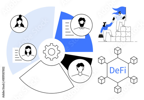 Circular chart with gear, team profiles, decentralized finance nodes, and teamwork climbing blocks. Ideal for teamwork, blockchain, finance, connectivity, innovation progress and collaboration