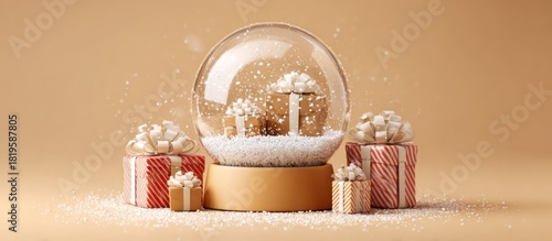 Festive Snow Globe Scene with Gifts and Warm Tones.