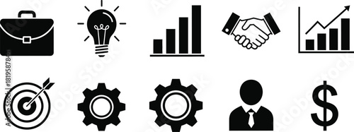 Business and finance icons set in black and white silhouette style
