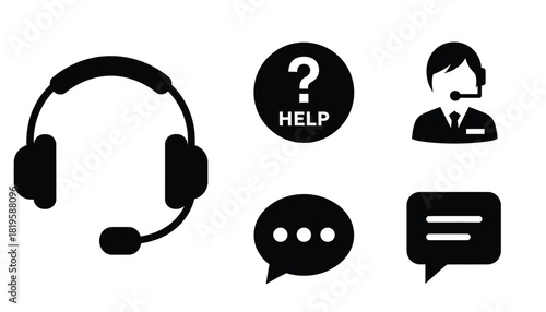 Customer support icons set headset help agent chat bubble and communication