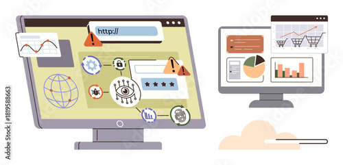 Computers with data charts, security alerts, and warning icons highlighting web vulnerabilities and online shopping risks. Ideal for cybersecurity, e-commerce, online safety, IT, data protection