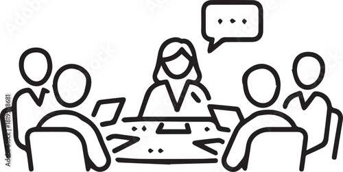 Diverse team collaborating around a table with laptops and a speech bubble symbolizing ideas