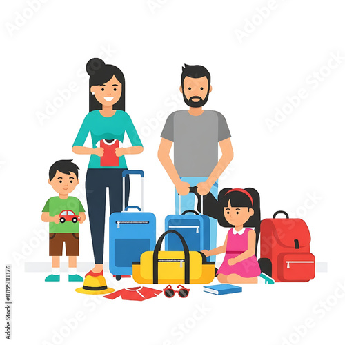 Happy Family Vacation Trip with Luggage and Kids Illustration