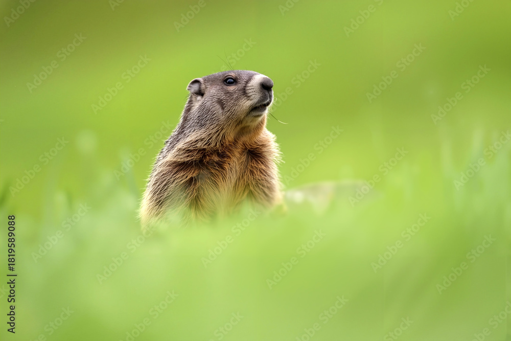 Fototapeta premium A groundhog sits in a vibrant green meadow, soaking up the sun and observing its surroundings on a clear spring day. Generative AI.