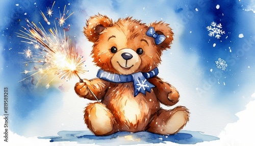 Watercolor illustration Teddy bear holding sparkler in paw, celebration mood, snowflakes falling