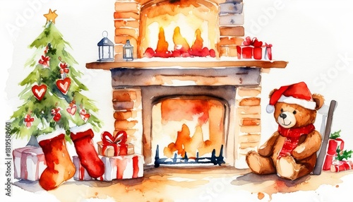 Watercolor illustration Teddy bear sitting beside fireplace with Christmas stockings, cozy home interior
