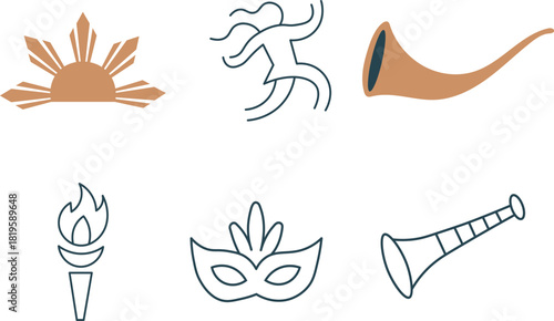 Philippine cultural symbols isolated on, including sun and mask