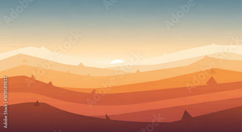 Minimalist flat design landscape with layered mountains at sunset
