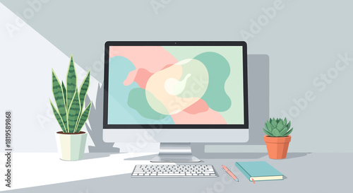 Modern desktop computer setup with plants on a grey desk