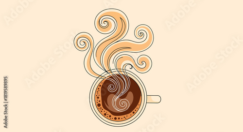 Topdown view of a steaming cup of coffee with decorative swirls