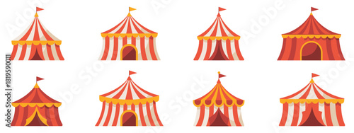 Circus Tent Collection With Red and White Striped Roofs – Carnival Pavilions and Big Top Structures Designed for Entertainment, Show and Festival Themes in Clean Decorative Vector Illustration for Eve