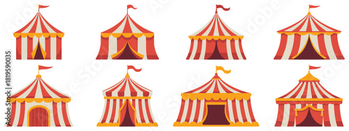Circus Tent Collection With Red and White Striped Roofs – Carnival Pavilions and Big Top Structures Designed for Entertainment, Show and Festival Themes in Clean Decorative Vector Illustration for Eve
