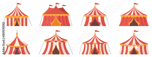 Circus Tent Collection With Red and White Striped Roofs – Carnival Pavilions and Big Top Structures Designed for Entertainment, Show and Festival Themes in Clean Decorative Vector Illustration for Eve