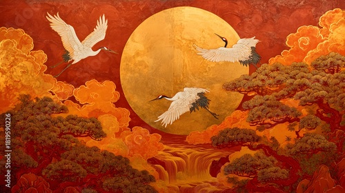 Japanese crane illustration with moon and landscape artistic background design