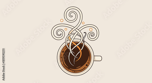 Top view of a steaming coffee cup with ornate steam design