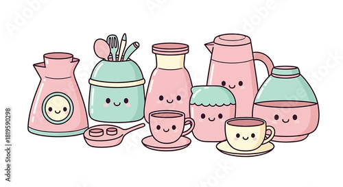 Cute pastel kitchenware with smiling faces white