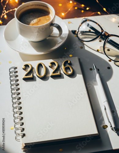 cuaderno blanco abierto con números dorados que forman “2026” colocados sobre él. A su alrededor hay unos lentes transparentes, un bolígrafo elegante, una taza de café y parte de un portátil.
