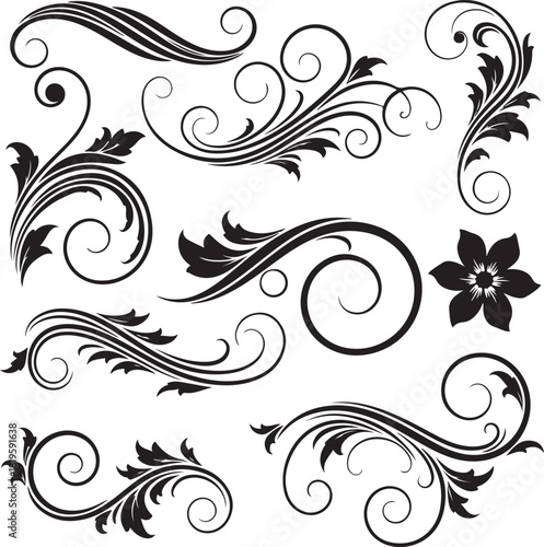 Black and white floral scroll elements for design composition usage