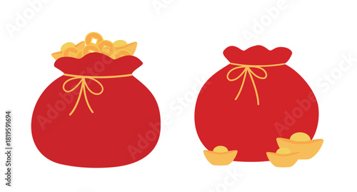 Set of Red lucky bag filled with gold ingots element.
Chinese New Year Money Pocket flat Vector illustration.
White Background .
