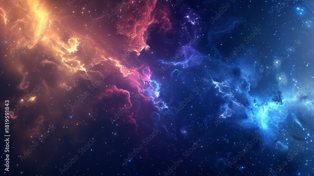 Fototapeta premium Colorful nebula and starfield in deep space. Cosmic background with glowing orange and blue gas clouds. Abstract universe and astronomy wallpaper