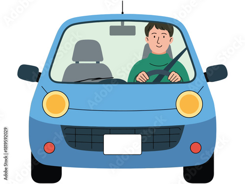 A person driving a blue car on a white background.
