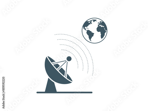 A satellite dish transmits signals towards the Earth, symbolizing global communication.