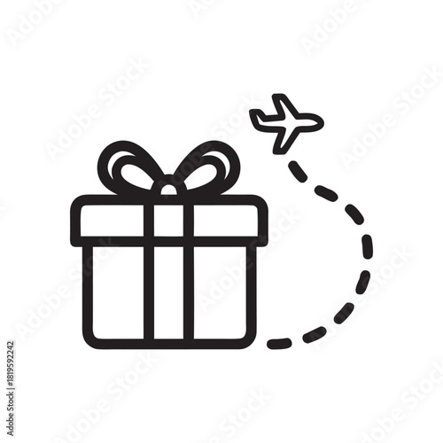 Black and white vector of Christmas gift delivery with airplane travel route icon
