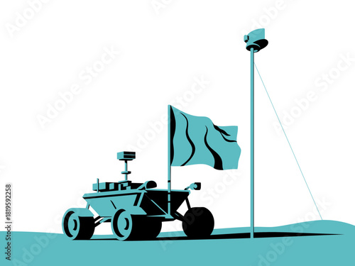 A Mars rover plants a flag on the desolate red planet.
