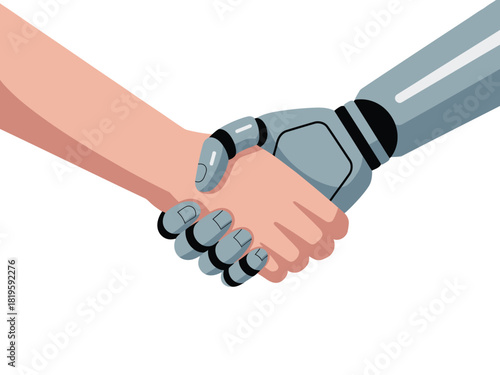 A human hand shakes a robotic hand in a symbol of collaboration.